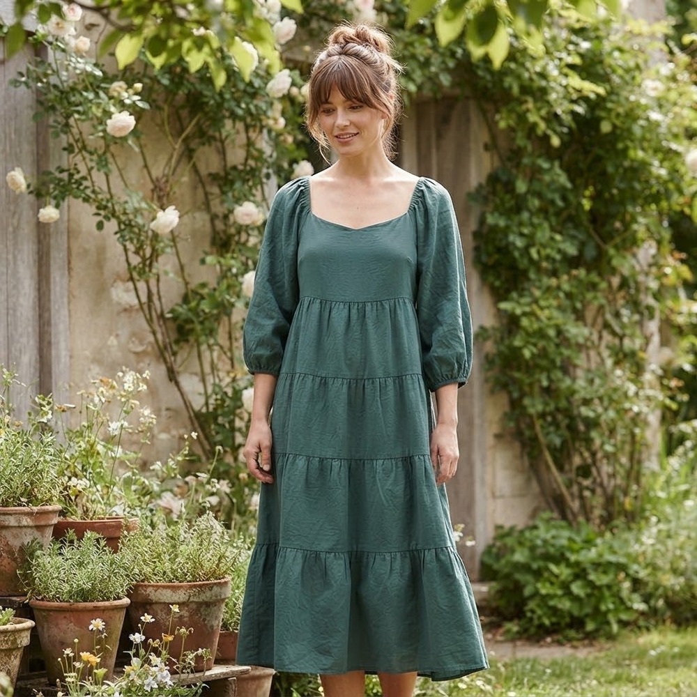 Medium Teal Green Tiered Midi Dress Puff Sleeve Sweetheart Prairie Cottage Boho